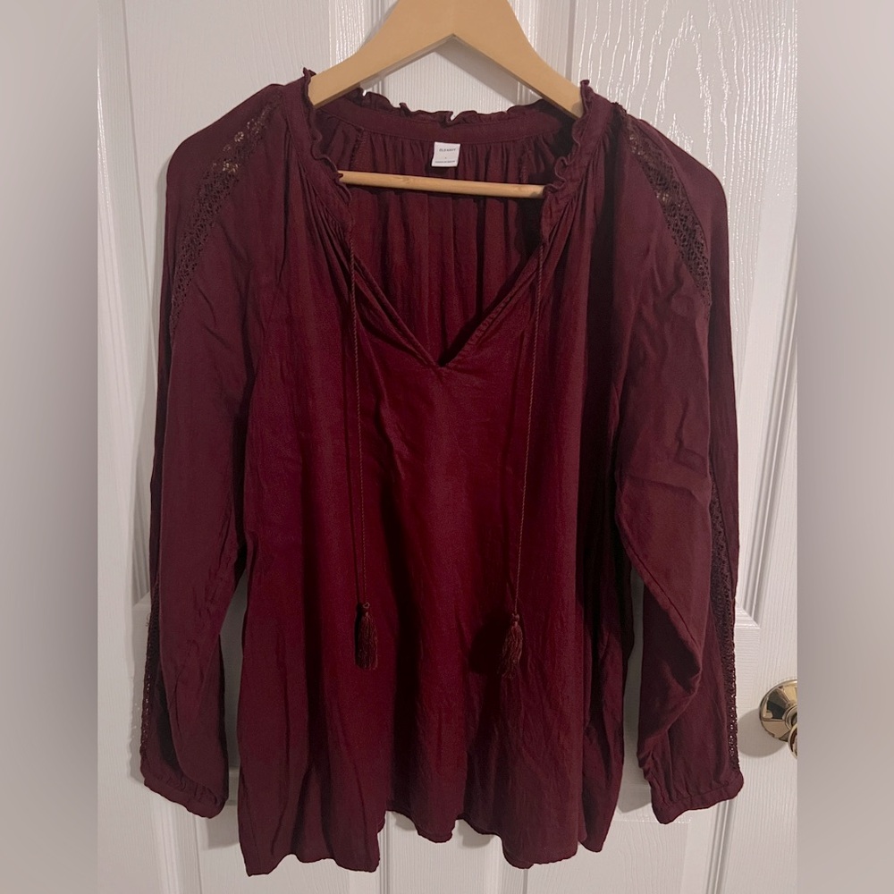 Old Navy | Women's Blouse | Burgundy with Lace Detail/Ruffles | V-Neck | Size L